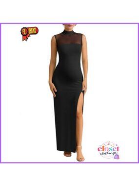 Maternity Sleeveless Bodycon Maxi Dress Mesh Mock Neck Baby Shower